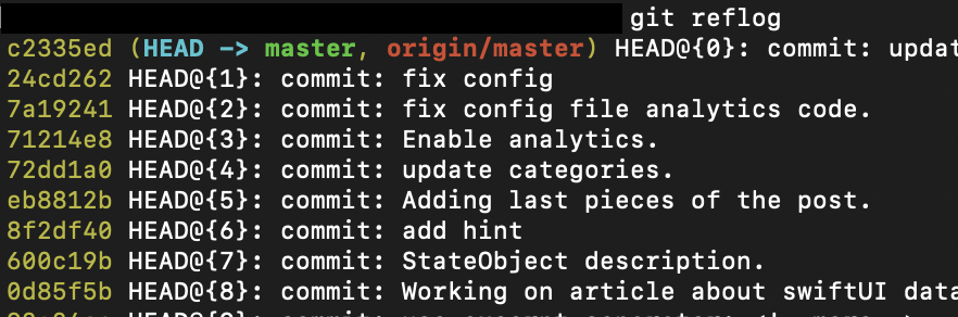 git reflog command output.